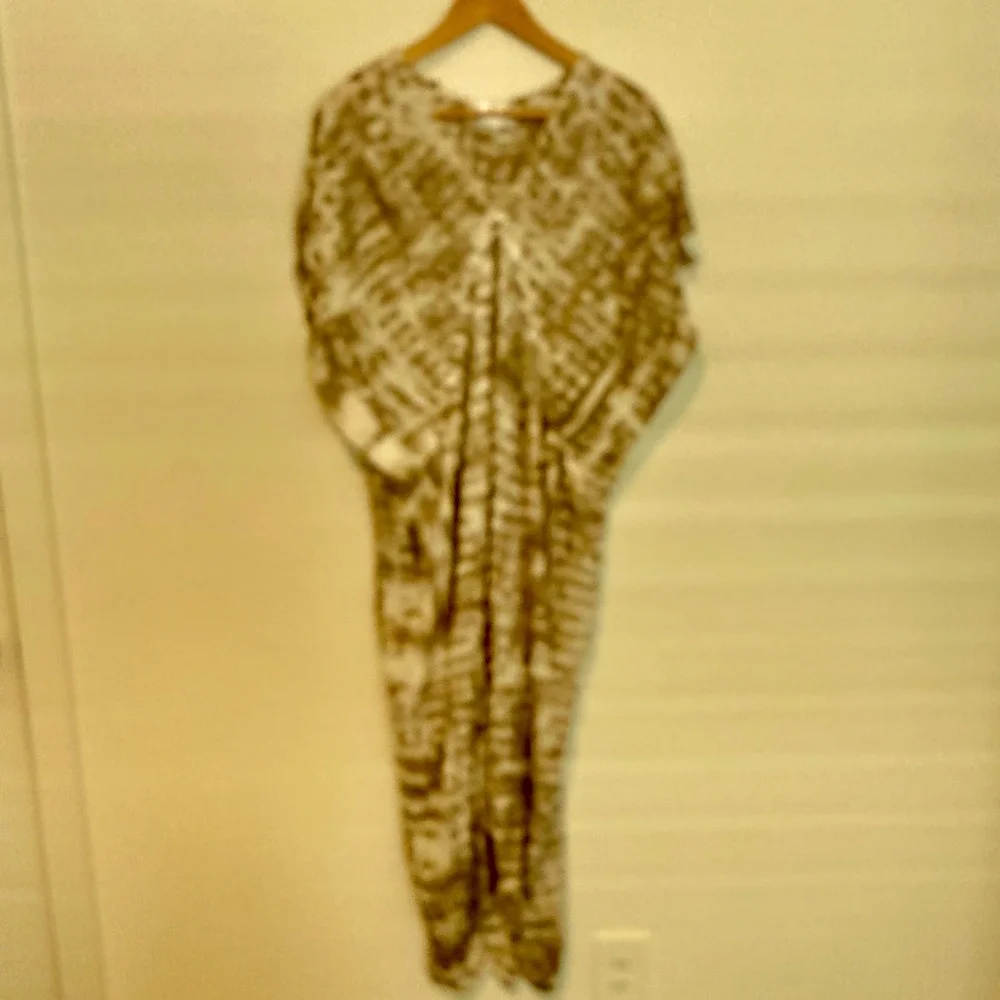 Bali Queen Kaftan Dress Womens Gray Tie Dye Cowrie Shell Maxi